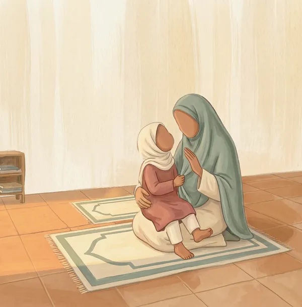Mama holds Maryam in her lap on the prayer rug, their heads close together.